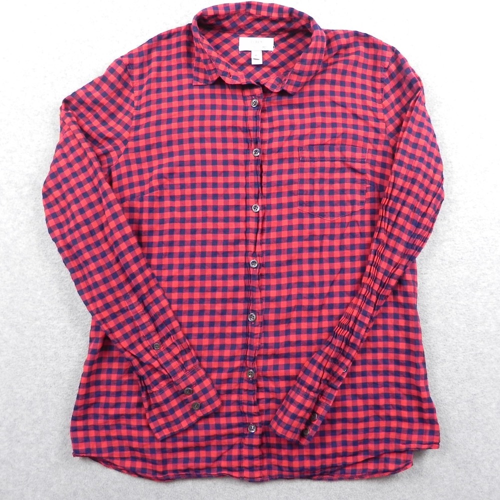 J Crew Shirt Top Womens 10 Boy Collared Pocket Button Up Red Checker Long Sleeve